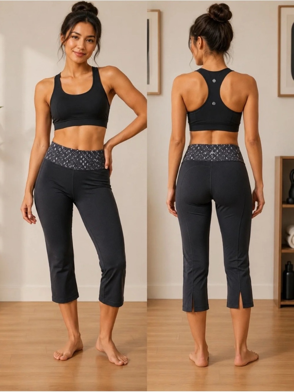 lululemon athletica Black Capri Pants with Patterned Waistband - 8